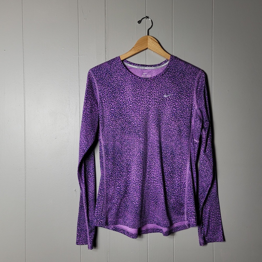NIKE RUNNING DRITFIT PURPLE PATTERN LONG SLEEVE SHIRT CREW NECK WOMENS LARGE